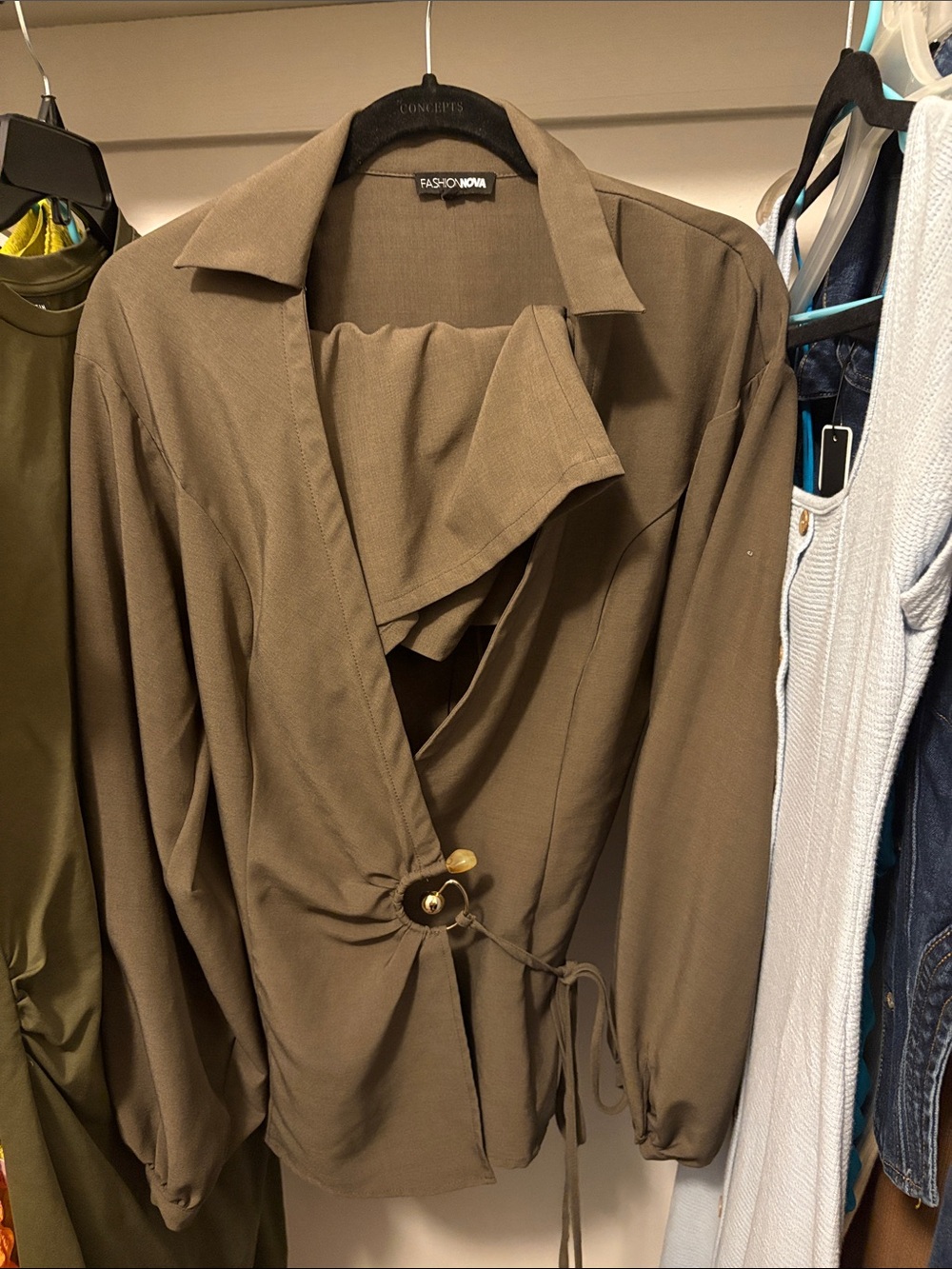 Fashion Nova Olive Green Wrap Blazer set with Tie Detail